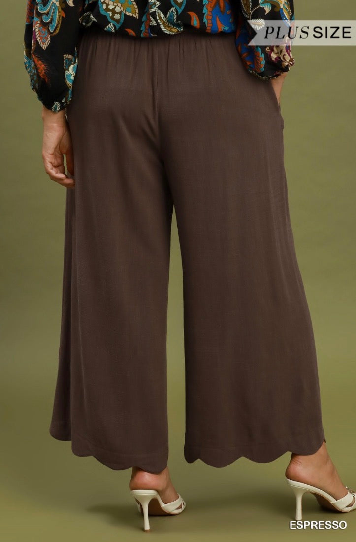 Linen Blend Scallop Hem Wide Leg Pants (Espresso or Oatmeal)