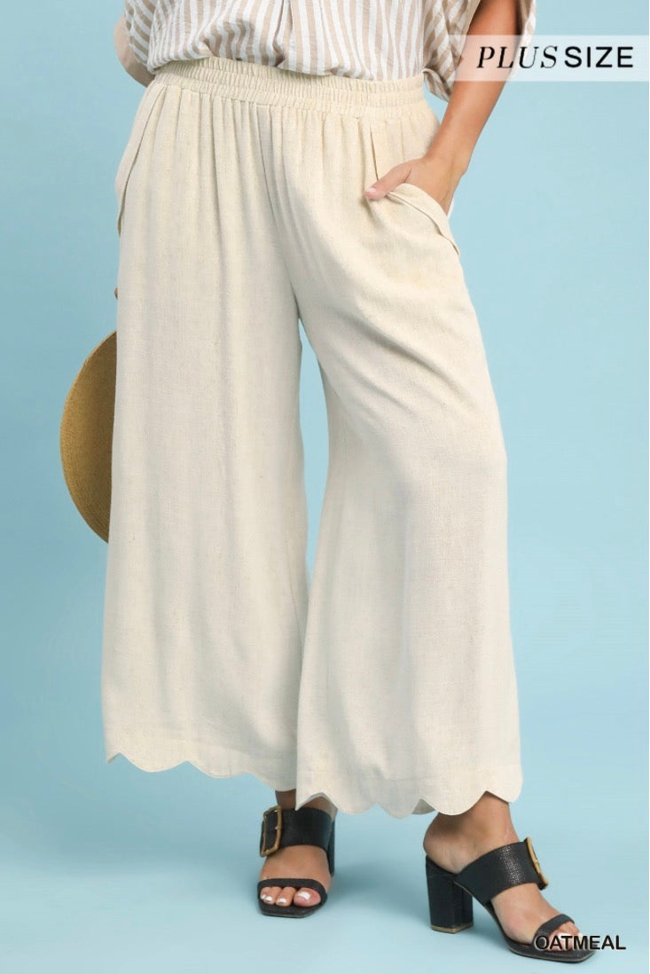 Linen Blend Scallop Hem Wide Leg Pants (Espresso or Oatmeal)