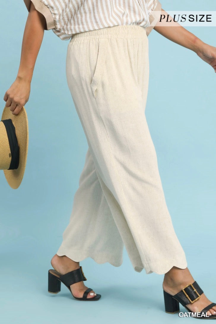 Linen Blend Scallop Hem Wide Leg Pants (Espresso or Oatmeal)
