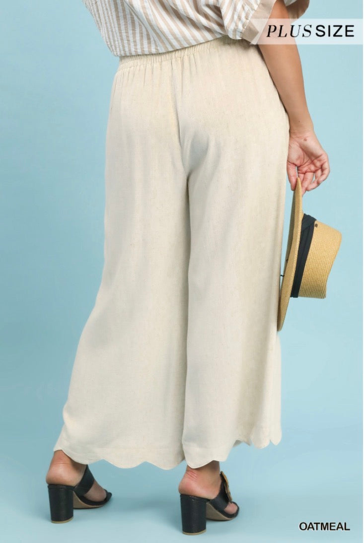 Linen Blend Scallop Hem Wide Leg Pants (Espresso or Oatmeal)