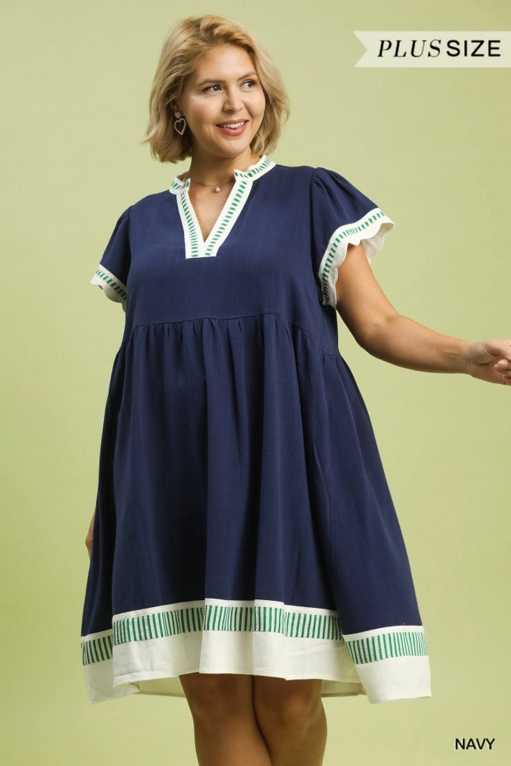 Linen Color Block Flutter Sleeve Dress