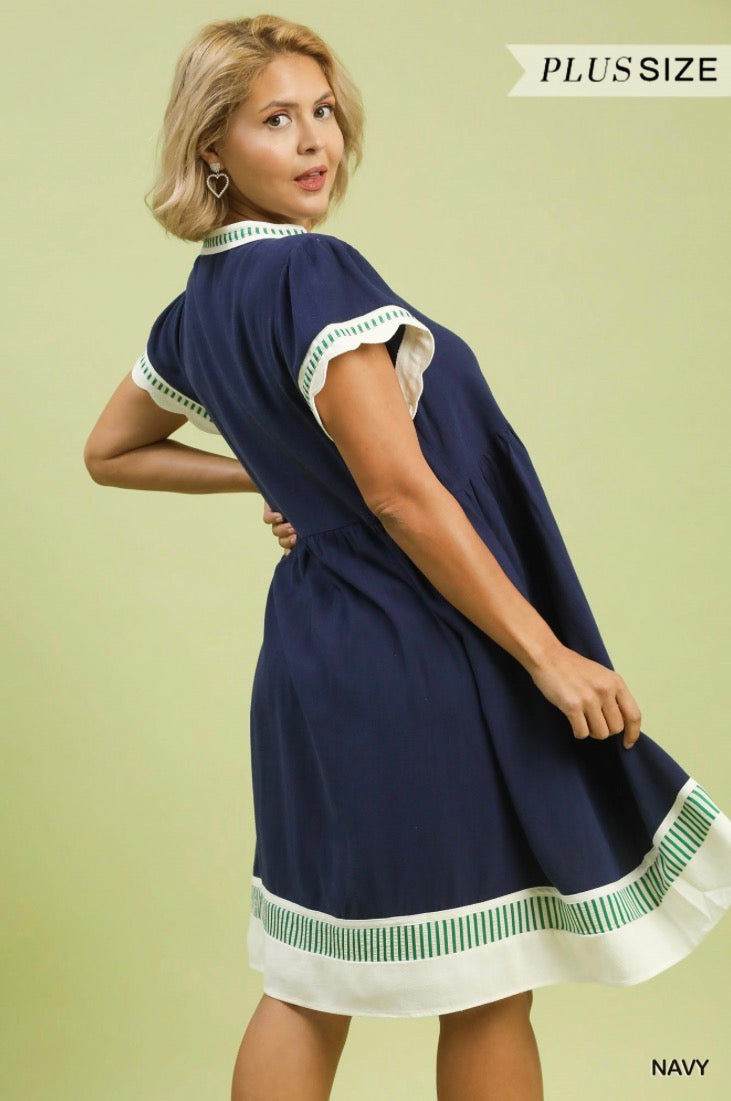 Linen Color Block Flutter Sleeve Dress