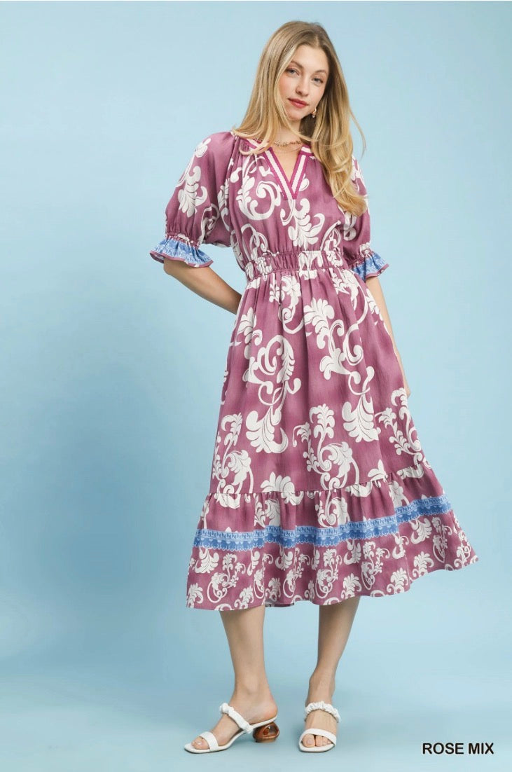 Mix Print Smocked Waist Midi Dress