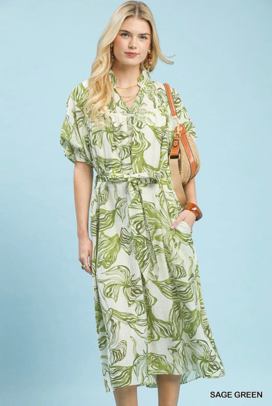 Abstract Print Smocked Tie Waist Midi Dress