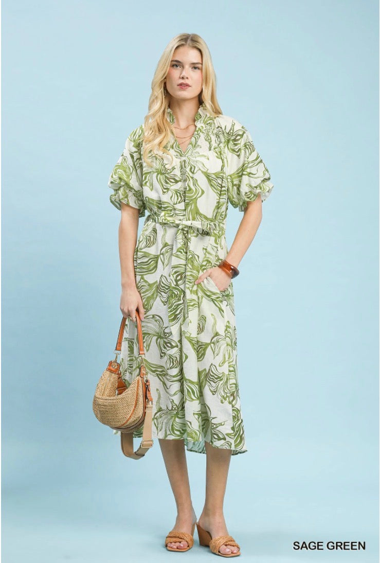 Abstract Print Smocked Tie Waist Midi Dress
