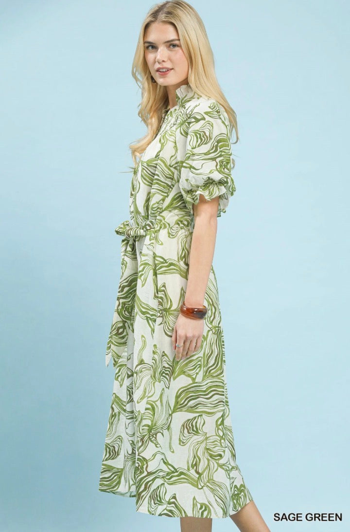 Abstract Print Smocked Tie Waist Midi Dress