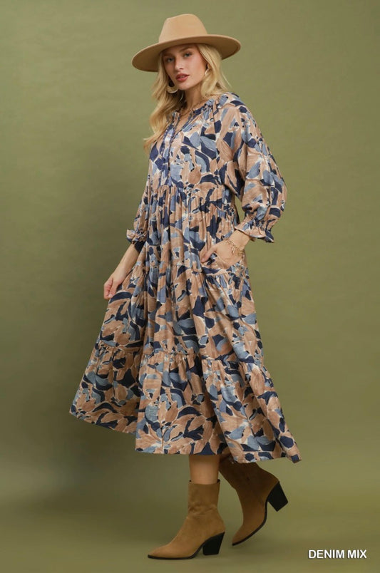 Mix Abstract Print Tiered Boho Midi Dress