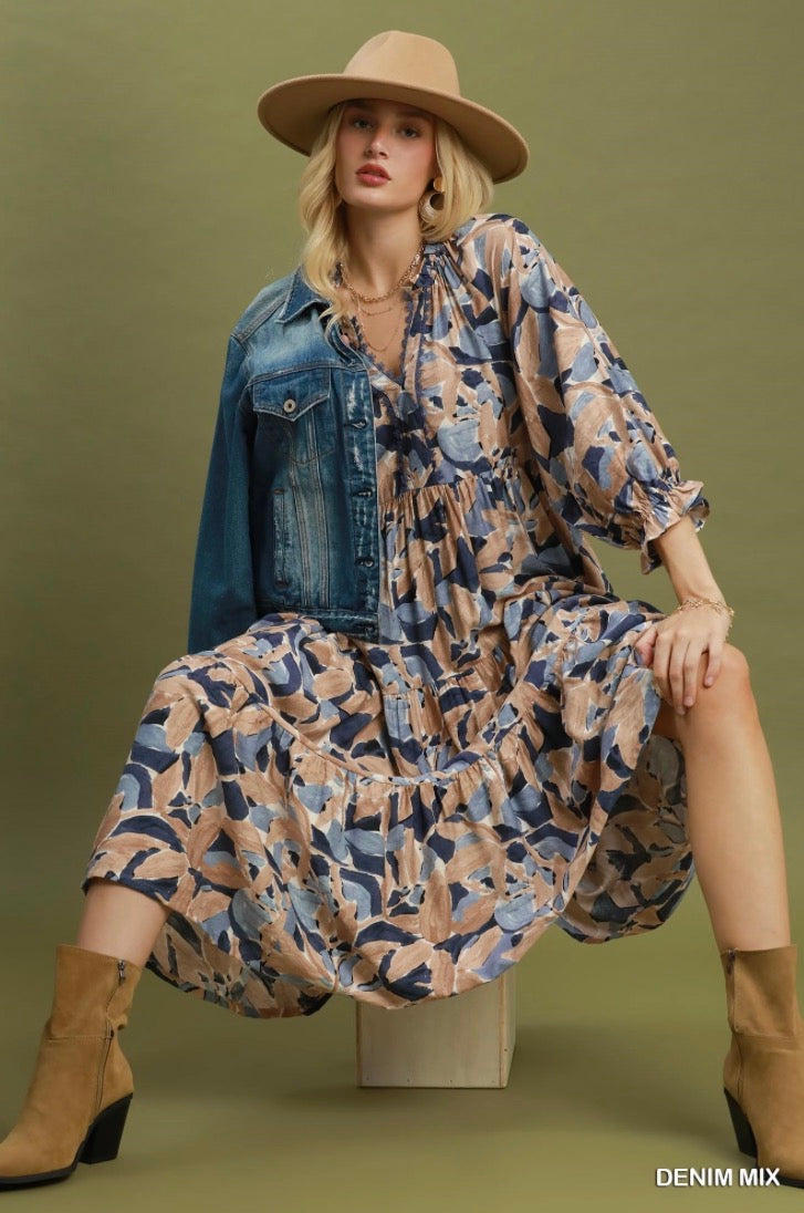 Mix Abstract Print Tiered Boho Midi Dress