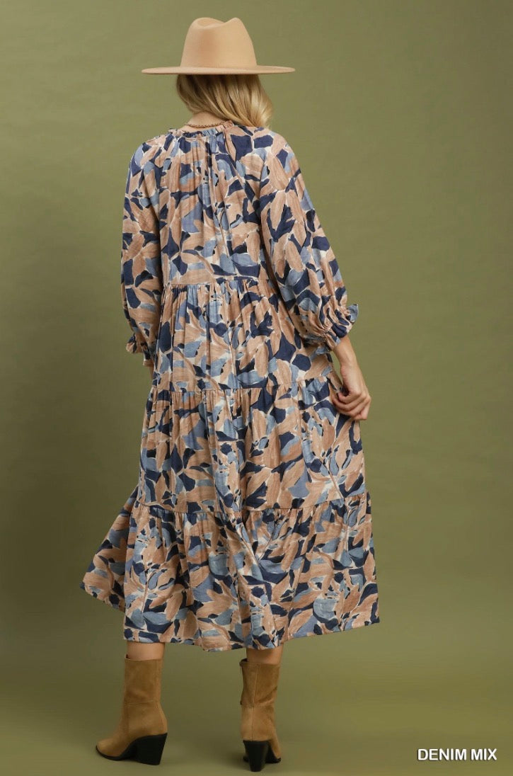 Mix Abstract Print Tiered Boho Midi Dress