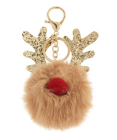 Christmas Rudolph Reindeer Fur Ball Keychain