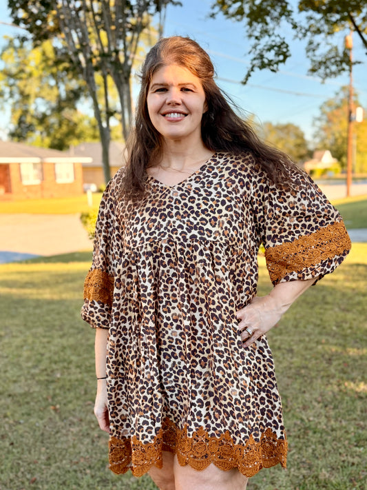 Leopard V-neck Dress with Lace Hem