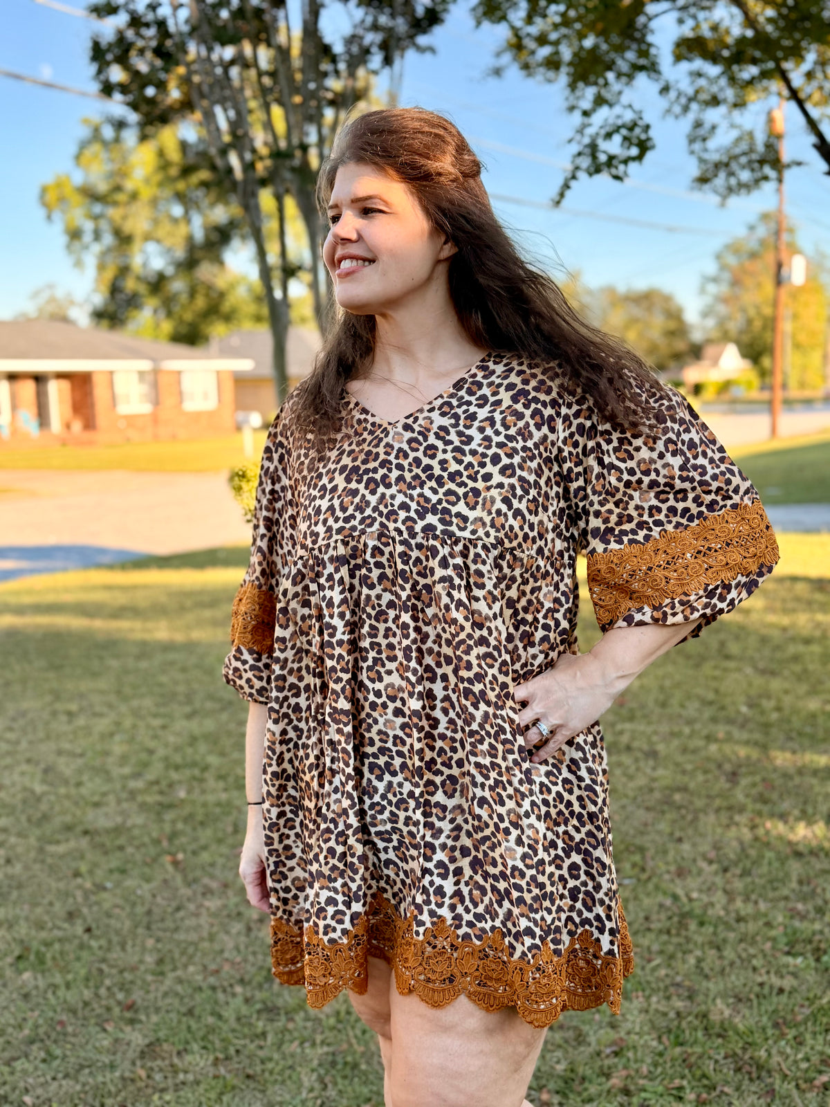 Leopard V-neck Dress with Lace Hem