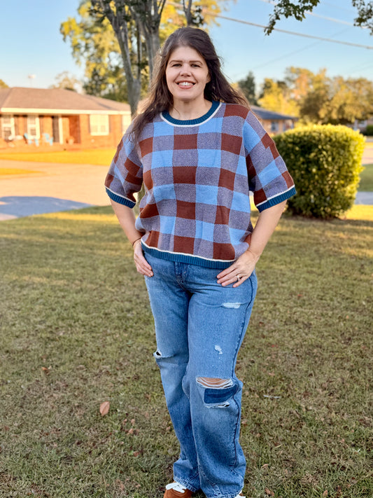 Fall Checkered Gingham Drop Shoulder Sweater