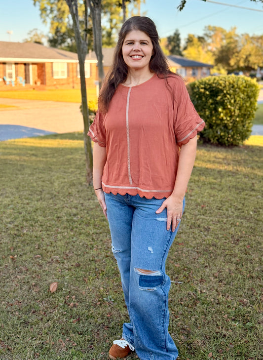 Linen Blend Scallop Trim Top