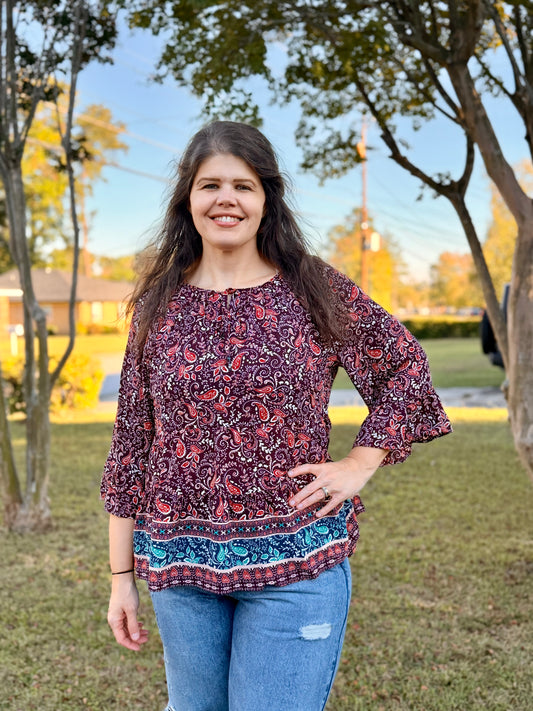 Georgette Paisley Ruffle Hem Top
