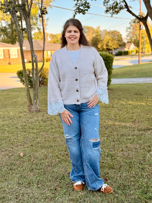 Loose Fit Soft V Neck Sweater Cardigan w/ Lace
