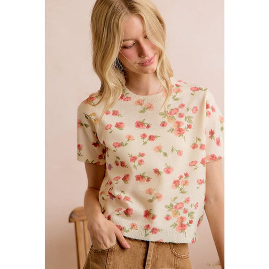 Floral Print Short Sleeve Knit Sweater