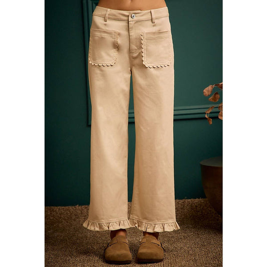 Mid Rise Scallop Trim Patch Pocket Ruffled Bottom Pants