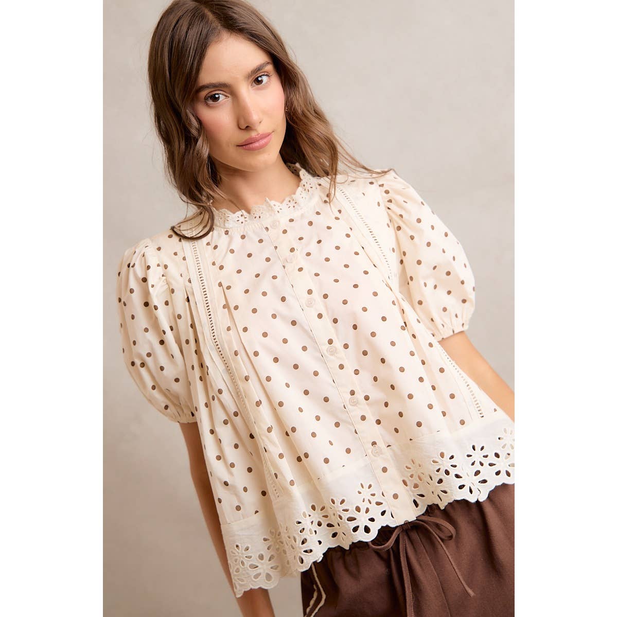 Polka Dot Cotton Lace Trim Short Sleeve Blouse
