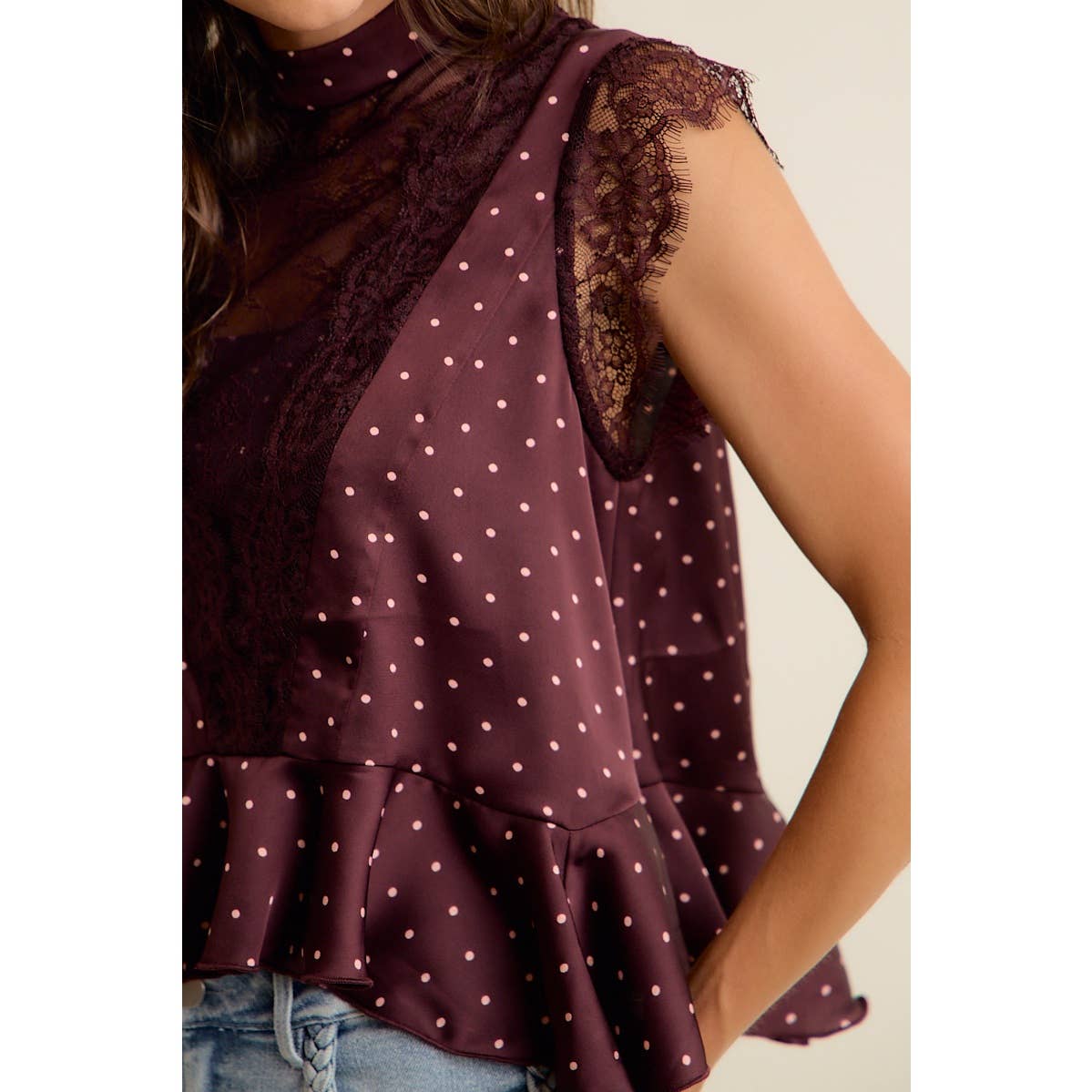 Polka Dot Satin Lace Trim Ruffled High Neck Blouse