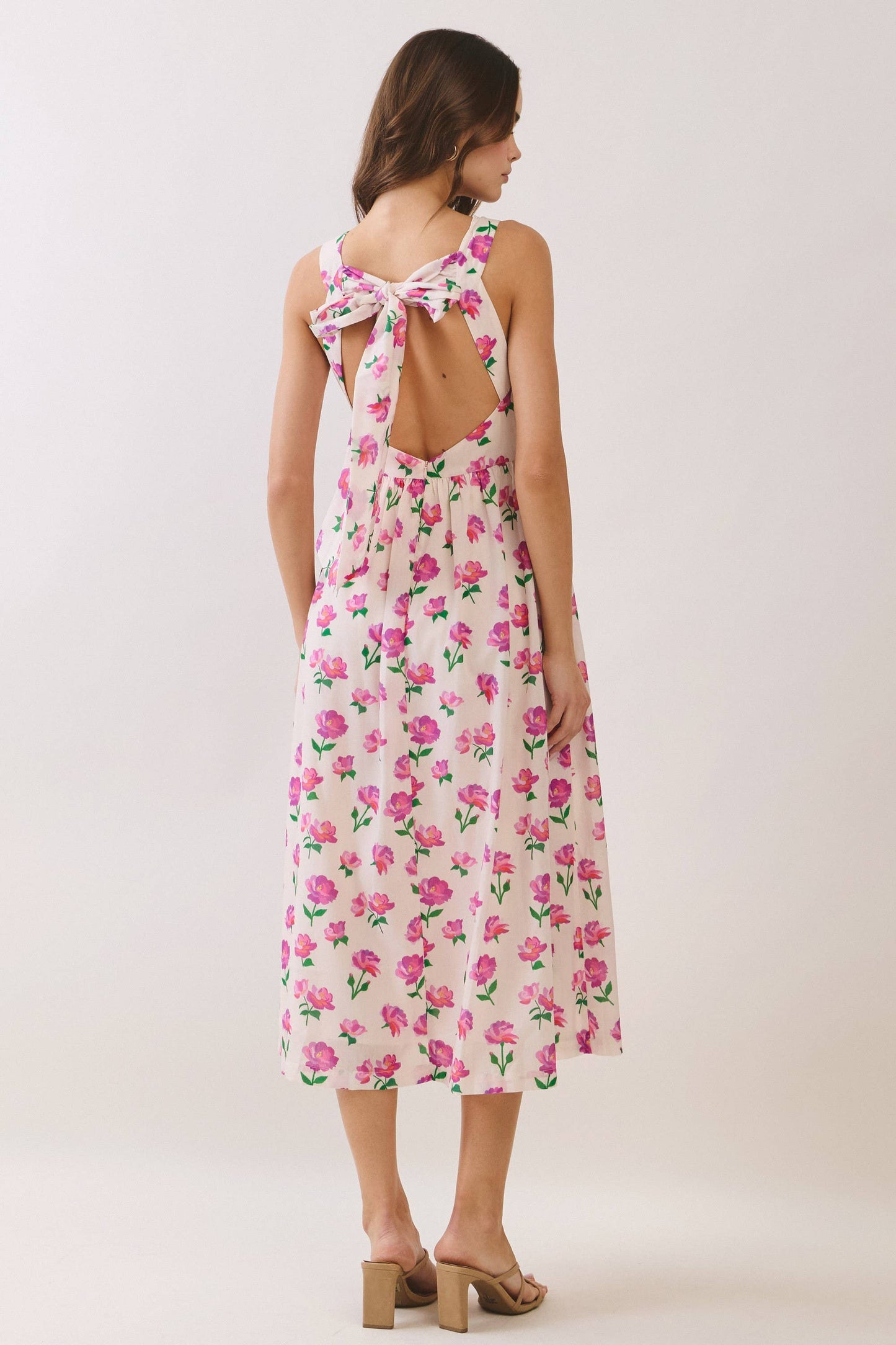 Floral Bow Back Bow Tie Detail Midi Dress