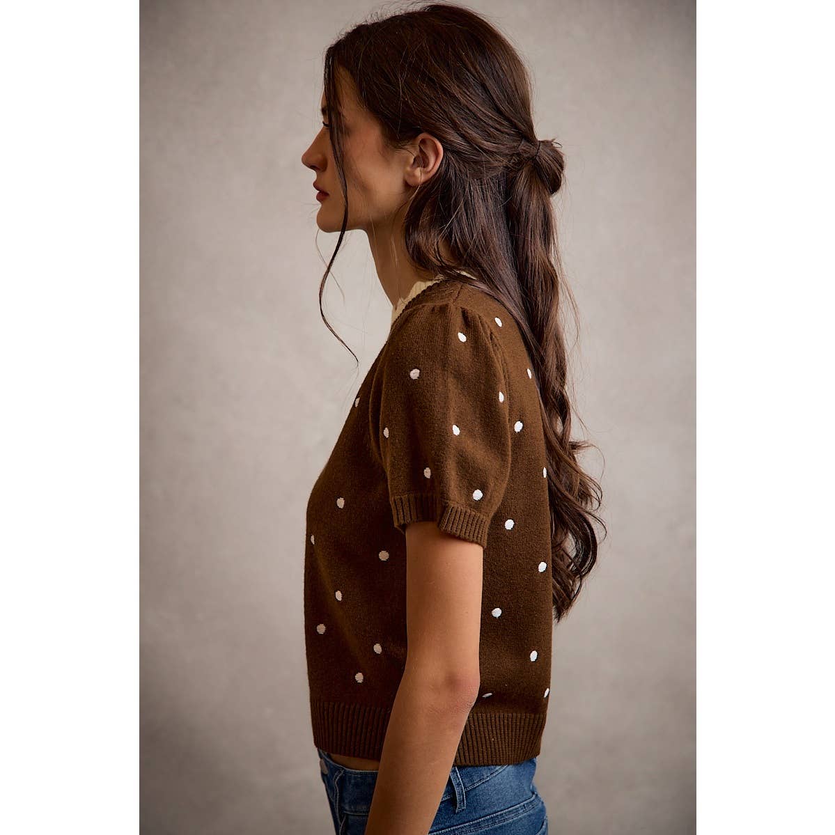 Polka Dot Scallop Neck Edge Puff Short Sleeve Knit Top