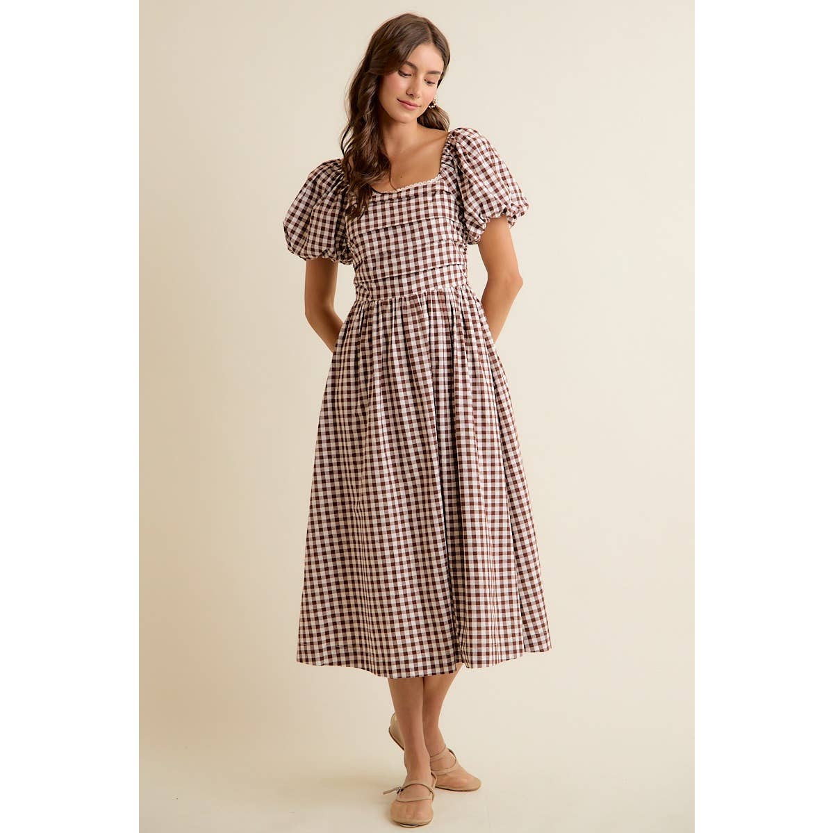 Gingham Lace Trim Midi Dress
