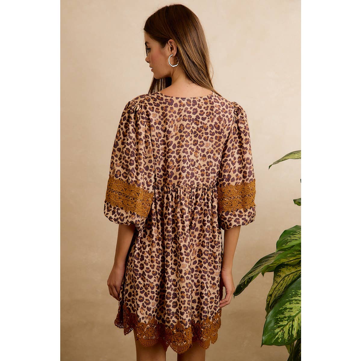 Leopard V-neck Dress with Lace Hem