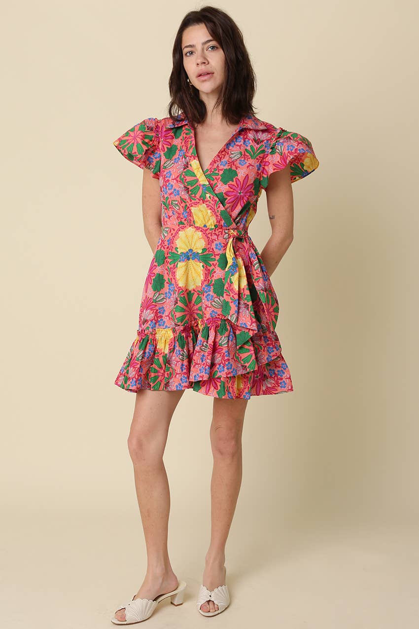 Avis Floral Ruffle Wrap Mini Dress