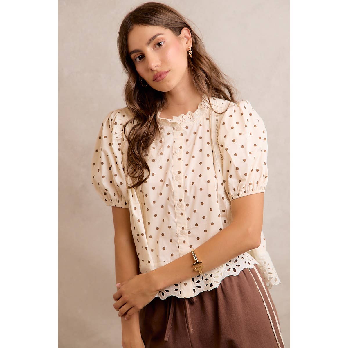 Polka Dot Cotton Lace Trim Short Sleeve Blouse