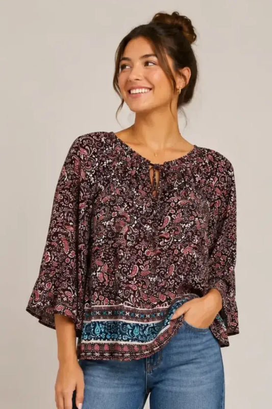 Georgette Paisley Ruffle Hem Top