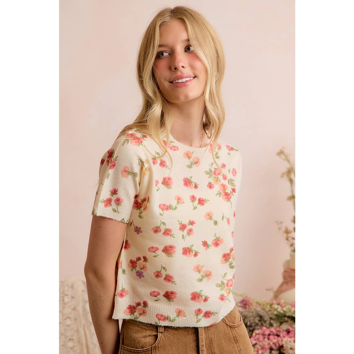 Floral Print Short Sleeve Knit Sweater