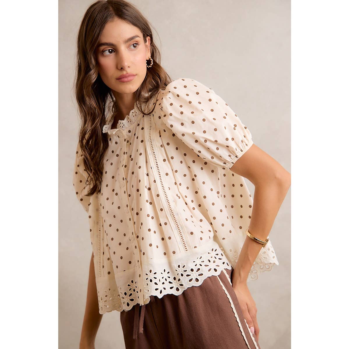 Polka Dot Cotton Lace Trim Short Sleeve Blouse