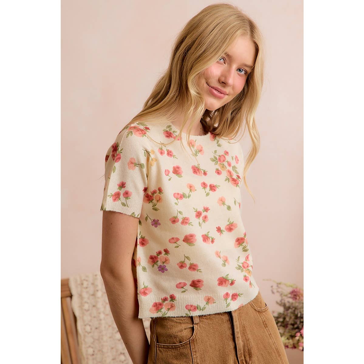 Floral Print Short Sleeve Knit Sweater