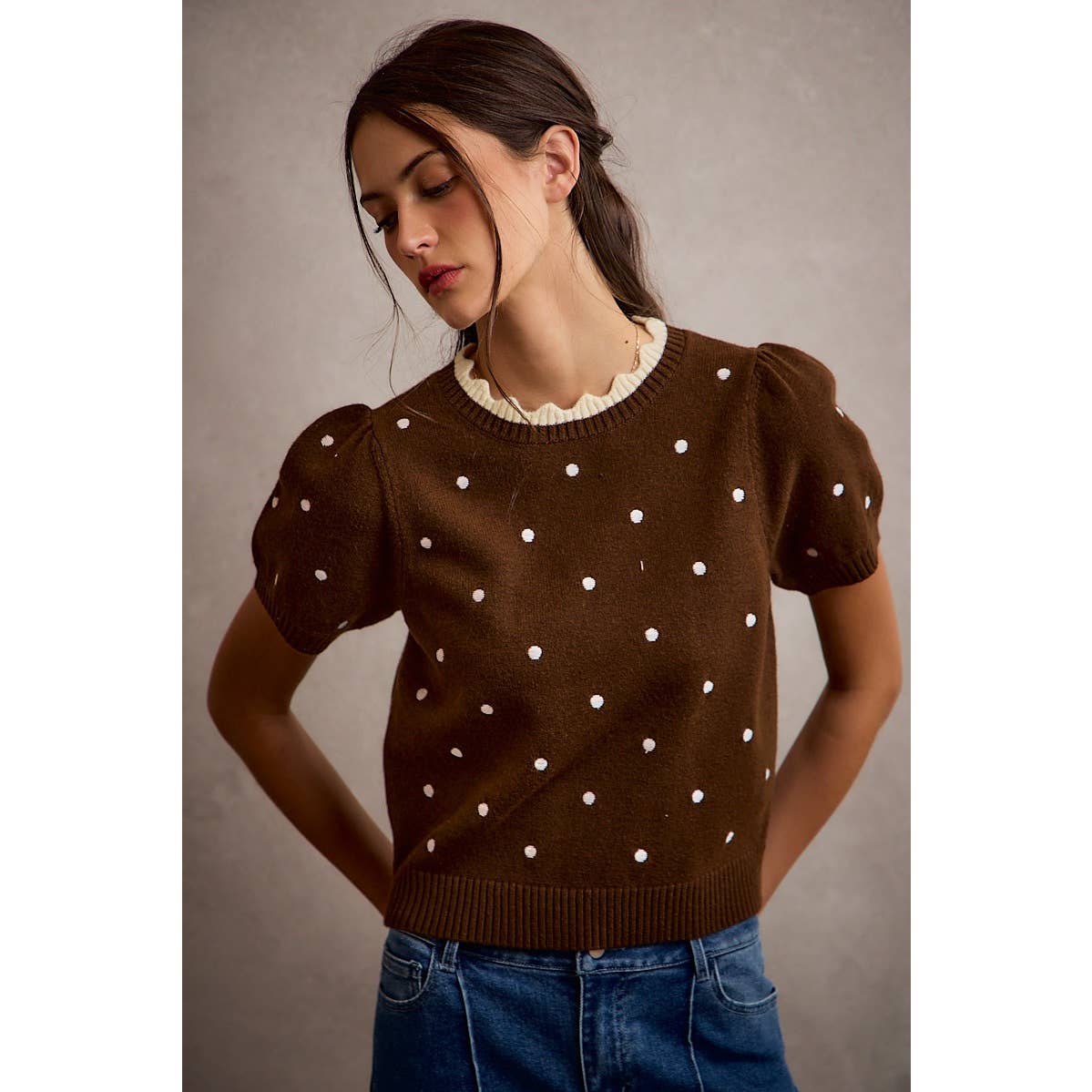 Polka Dot Scallop Neck Edge Puff Short Sleeve Knit Top