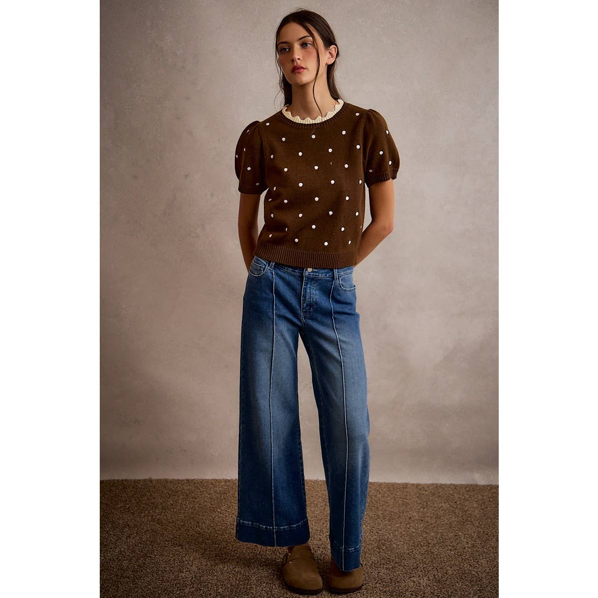 Polka Dot Scallop Neck Edge Puff Short Sleeve Knit Top