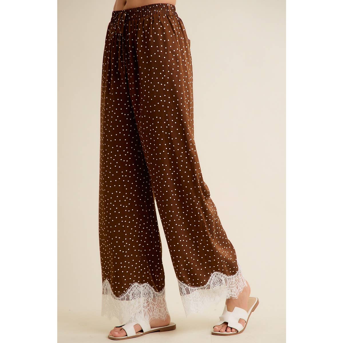 Satin Polka Dot Wide Leg Pull On Pants w/ Lace