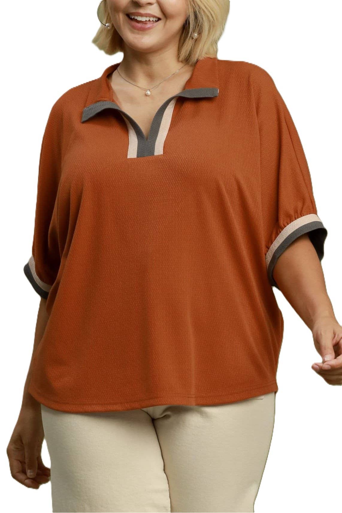 Contrast Trim Collared Short Sleeve Knit Top