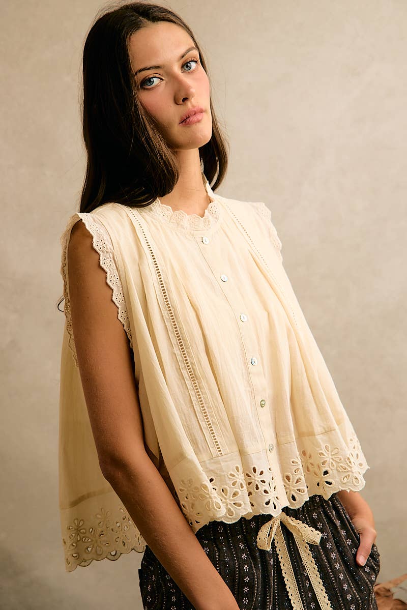 Button Up Front Pleated Sleeveless Blouse Top