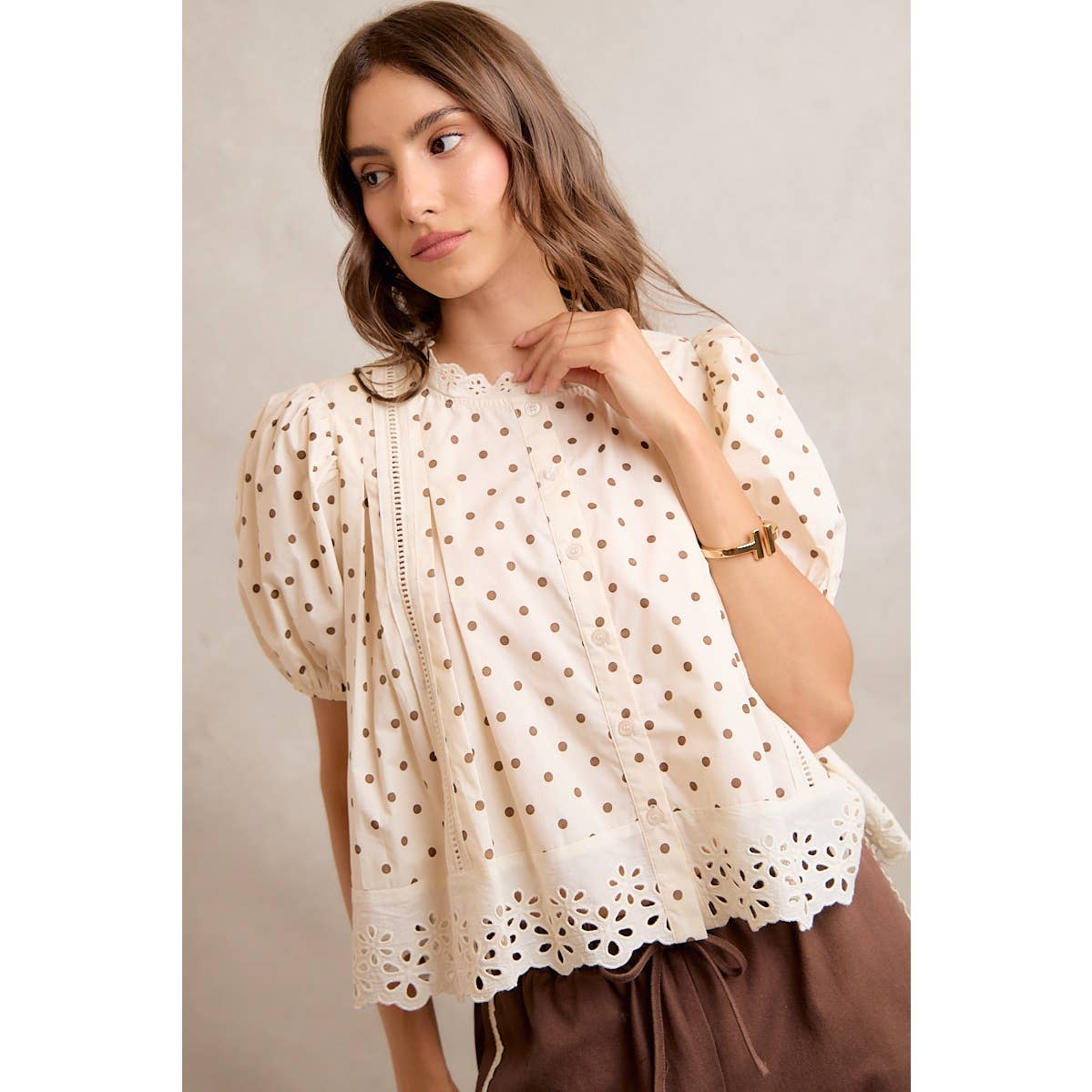 Polka Dot Cotton Lace Trim Short Sleeve Blouse