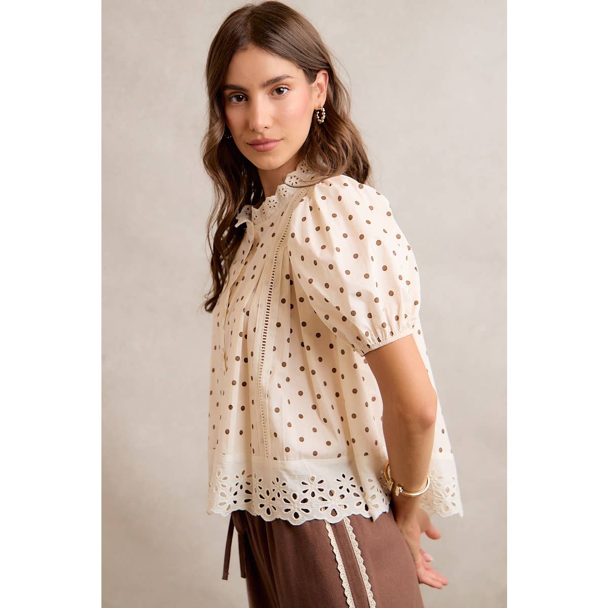Polka Dot Cotton Lace Trim Short Sleeve Blouse