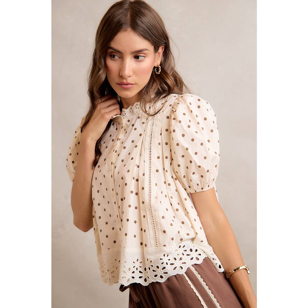 Polka Dot Cotton Lace Trim Short Sleeve Blouse