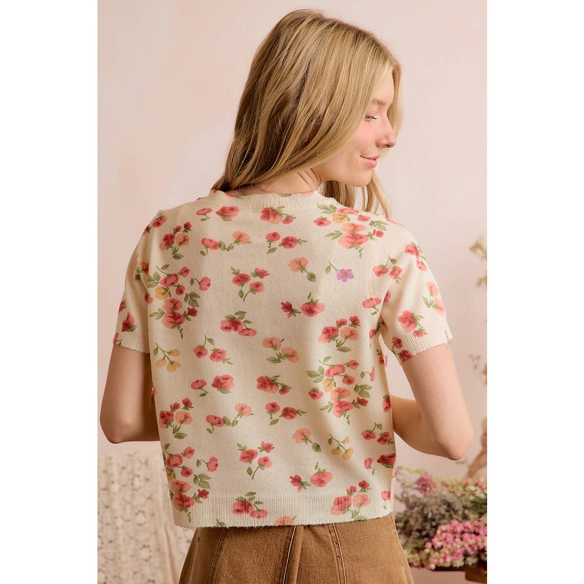 Floral Print Short Sleeve Knit Sweater