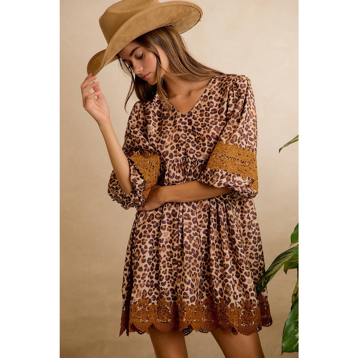 Leopard V-neck Dress with Lace Hem