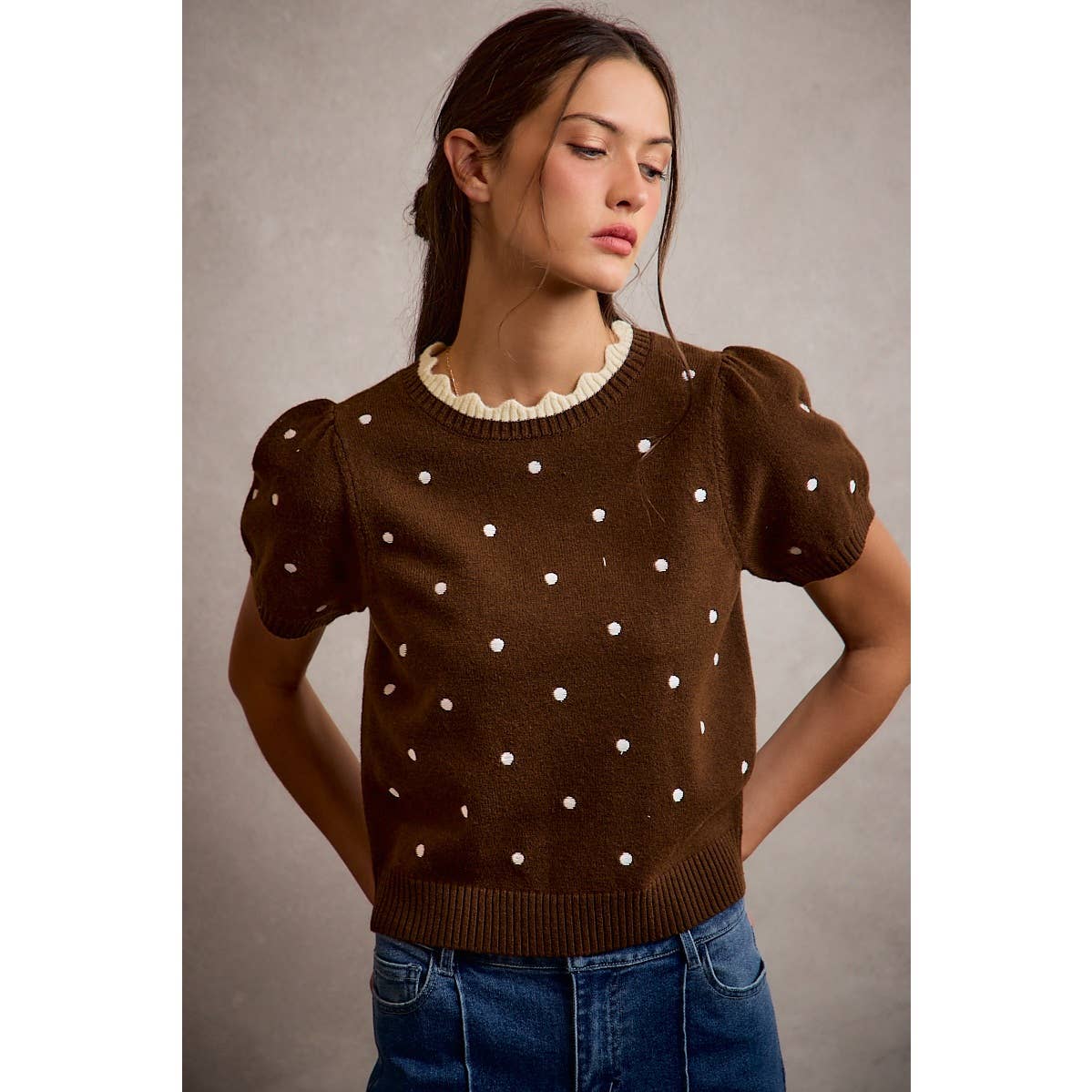 Polka Dot Scallop Neck Edge Puff Short Sleeve Knit Top