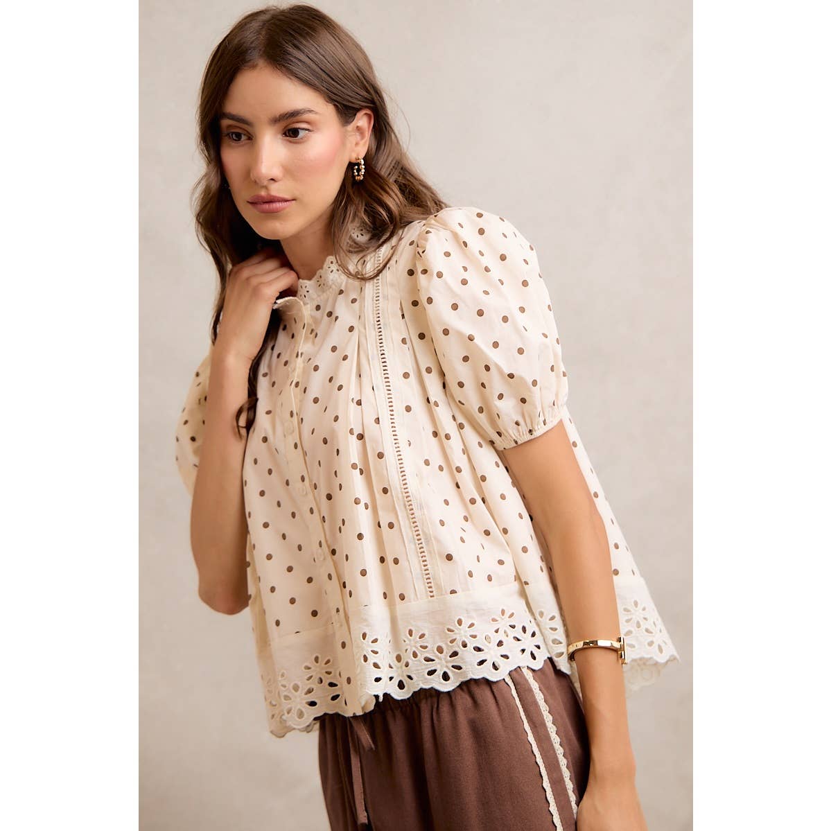 Polka Dot Cotton Lace Trim Short Sleeve Blouse