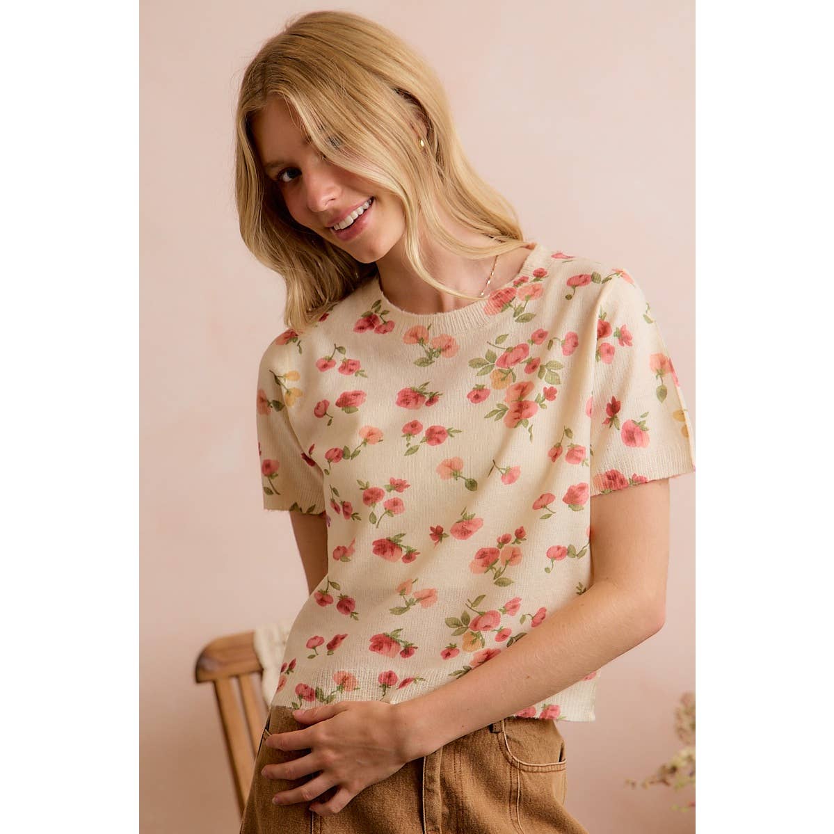 Floral Print Short Sleeve Knit Sweater