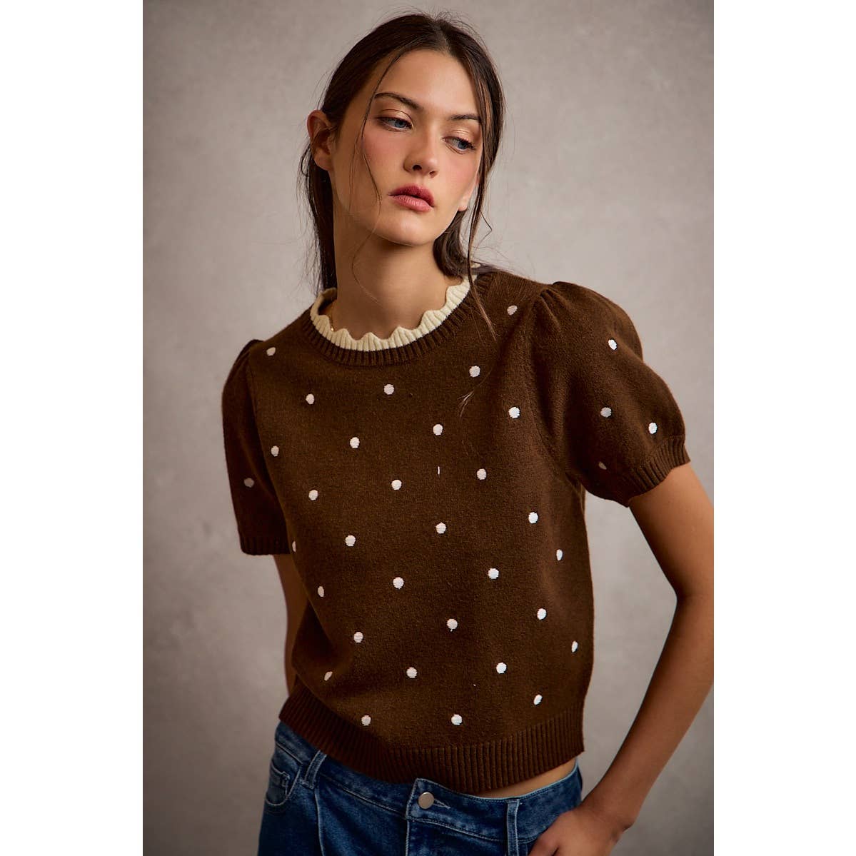 Polka Dot Scallop Neck Edge Puff Short Sleeve Knit Top