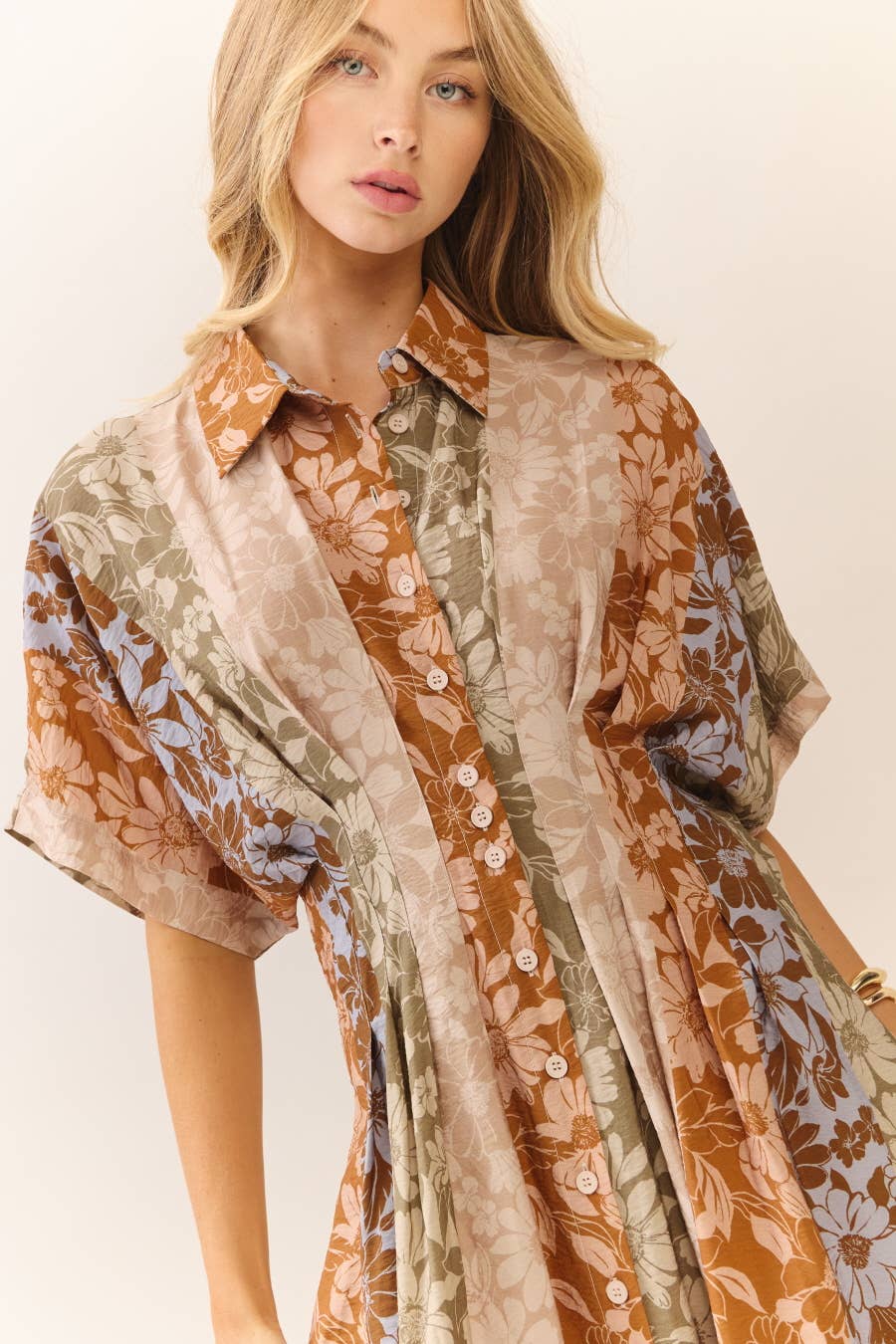 Mixed Floral Print Button-Front Midi Dress