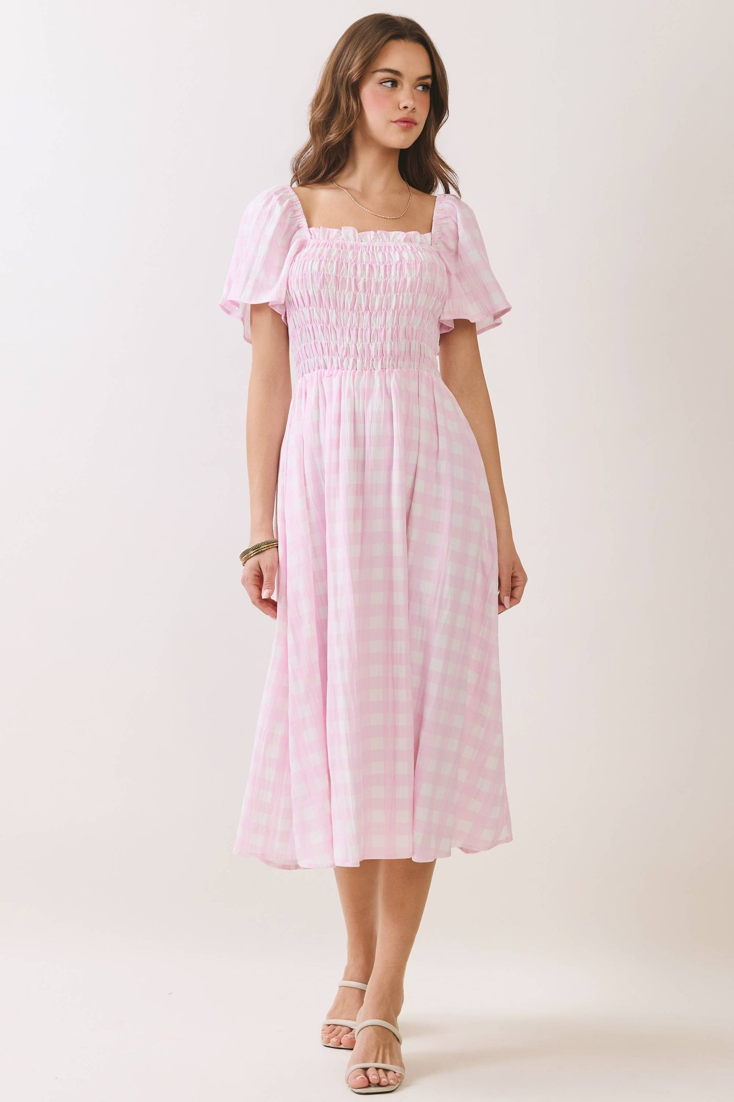 Gingham Smocked Puff Sleeve Midi Dress